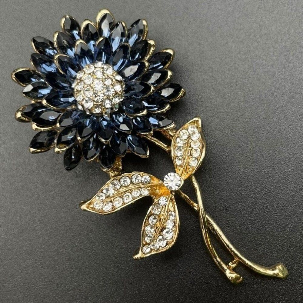 Yellow Gold with Blue Sapphire and Diamond Crystal Sunflower Pin Back Brooch